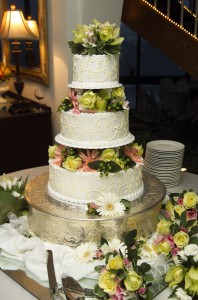 Classic white wedding cake with flowers