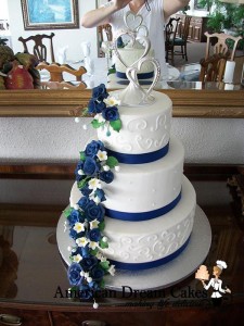classic wedding cake in white and blue