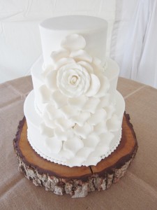 Woodland wedding cake with cascading rose