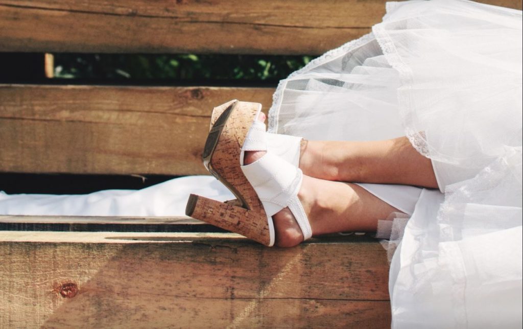 bride-cork-heels-wood-bench